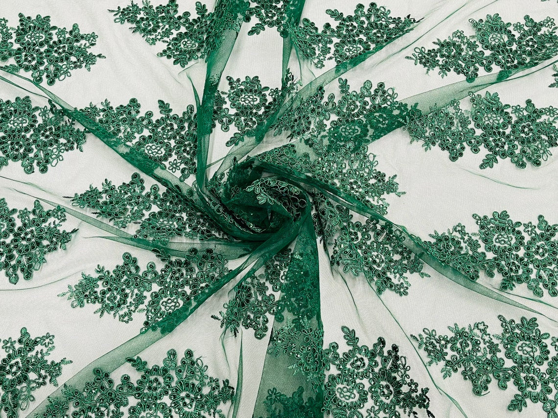 Flower Lace Fabric - Hunter Green - Fancy Embroidery Design With Sequins on a Mesh