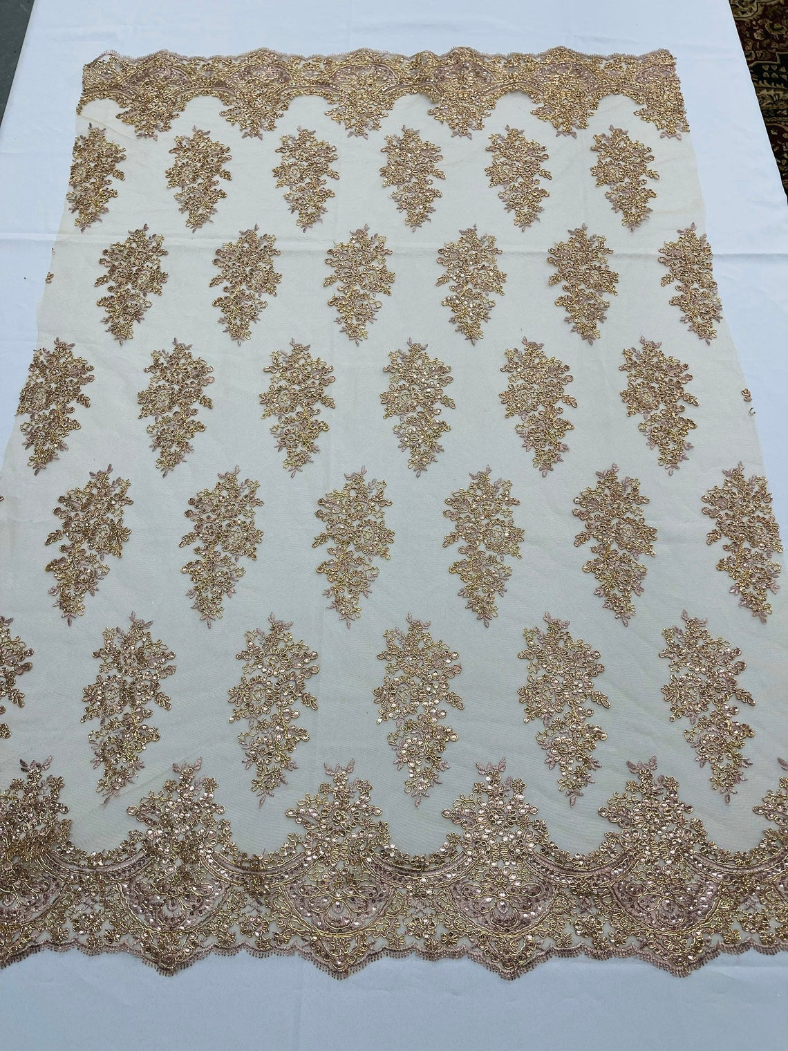 Flower Lace Fabric - Taupe - Fancy Embroidery Design With Sequins on a Mesh