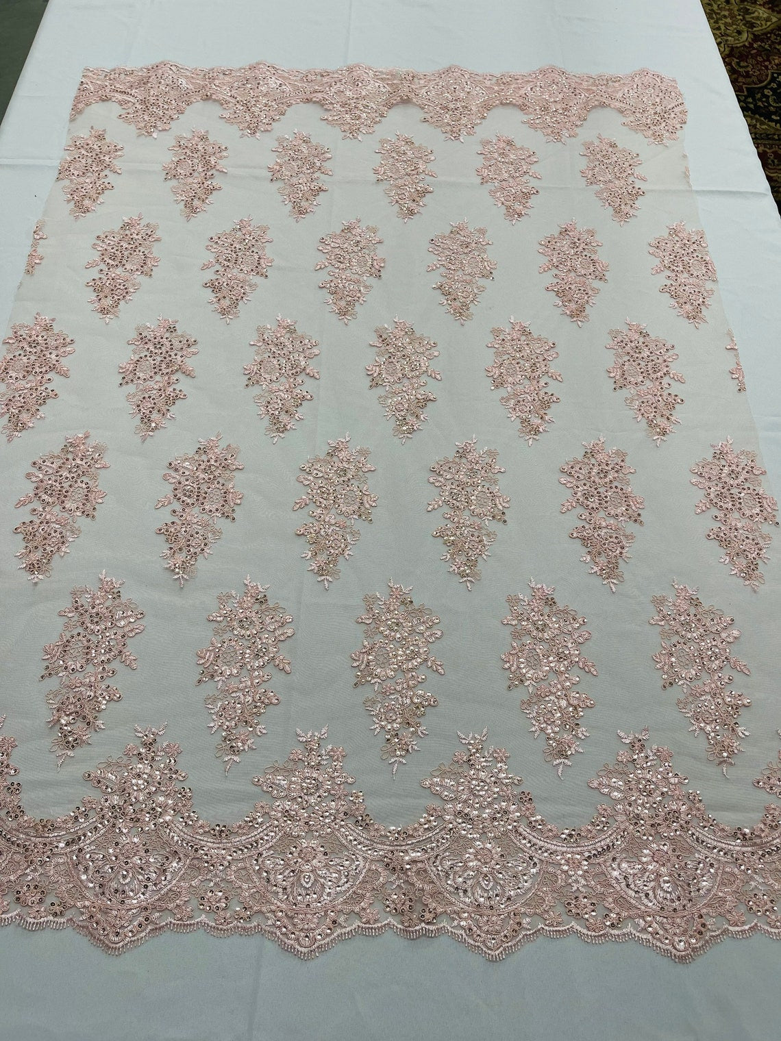 Flower Lace Fabric - Pink - Fancy Embroidery Design With Sequins on a Mesh