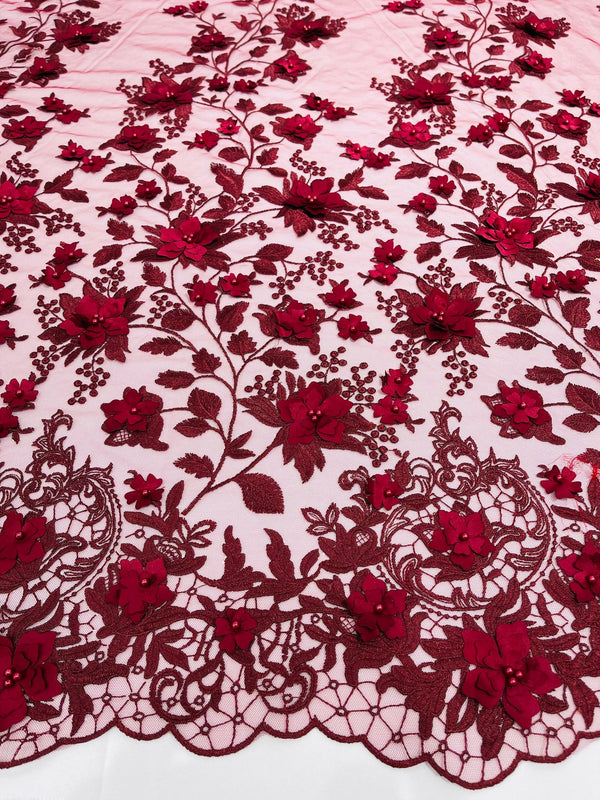 Flower 3D Fabric - Burgundy - Embroided Fabric Flower Pearls and Leaf Decor Sold by The Yard