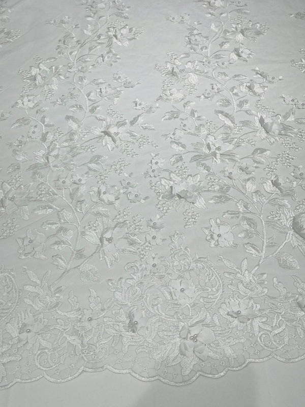 Flower 3D Fabric - White - Embroided Fabric Flower Pearls and Leaf Decor by Yard