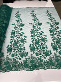 Flower 3D Fabric - Hunter Green - Embroided Fabric Flower Pearls and Leaf Decor by Yard