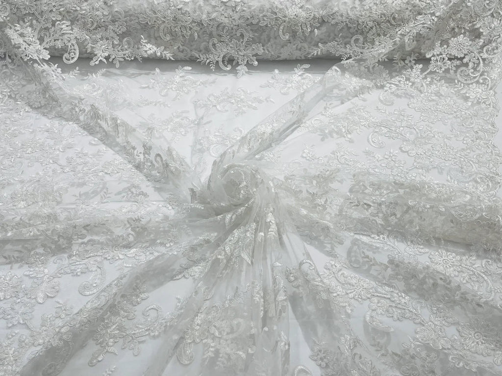 Lace Flower Cluster Fabric - White - Embroidered Flower With Sequins on a Mesh Lace Fabric By Yard