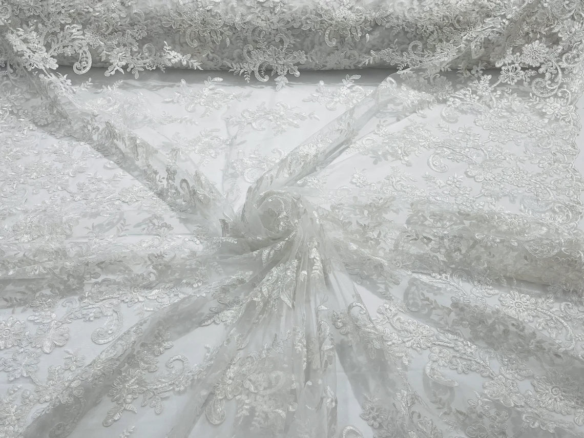 Lace Flower Cluster Fabric - White - Embroidered Flower With Sequins on a Mesh Lace Fabric By Yard