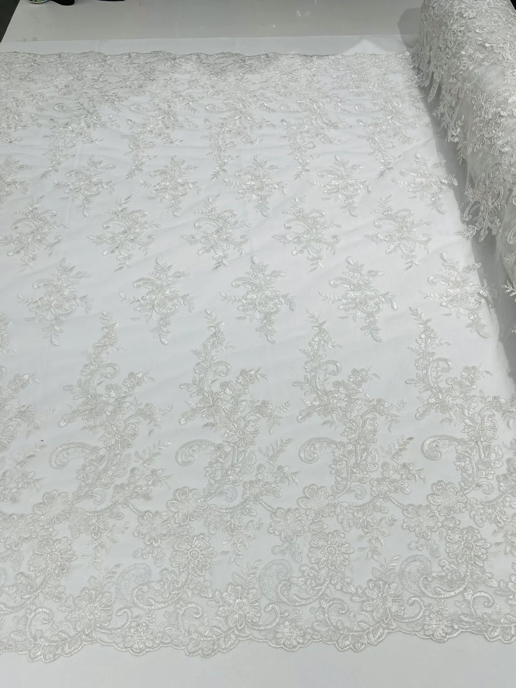Lace Flower Cluster Fabric - White - Embroidered Flower With Sequins on a Mesh Lace Fabric By Yard