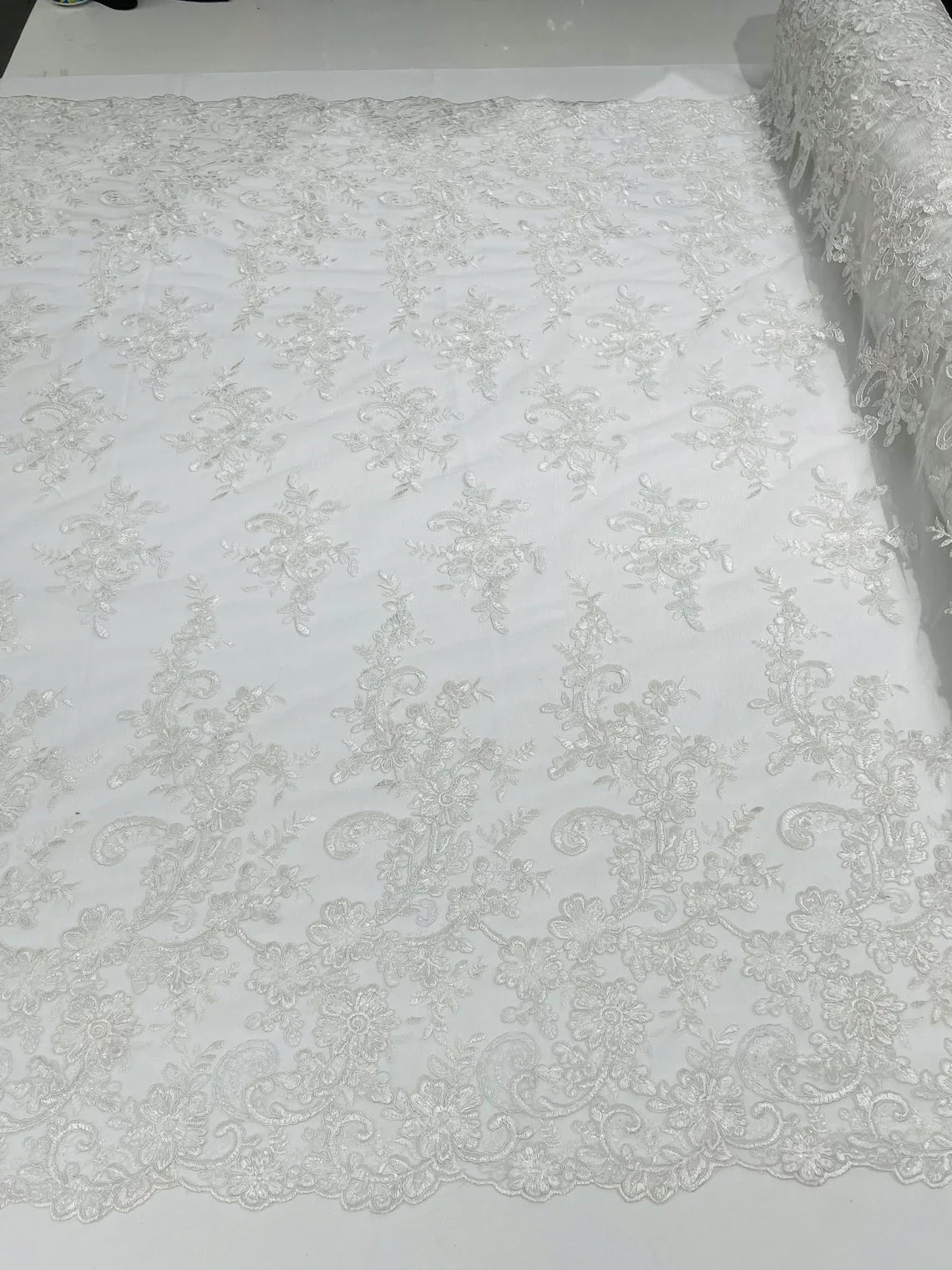 Lace Flower Cluster Fabric - White - Embroidered Flower With Sequins on a Mesh Lace Fabric By Yard