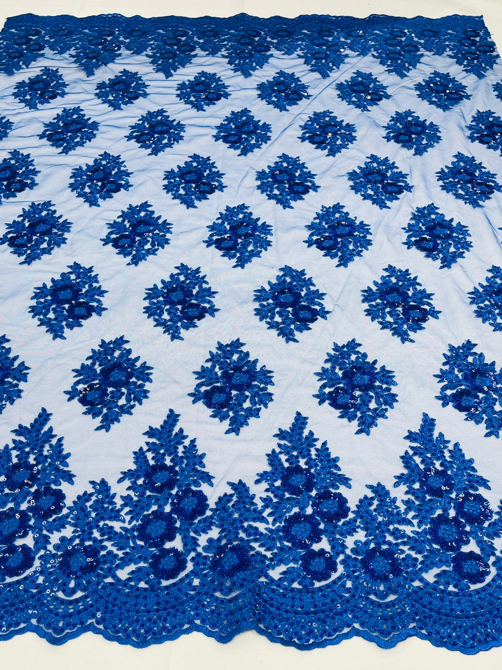 Floral Lace Fabric - Royal Blue - Flower Cluster Embroidery Design With Sequins on a Mesh