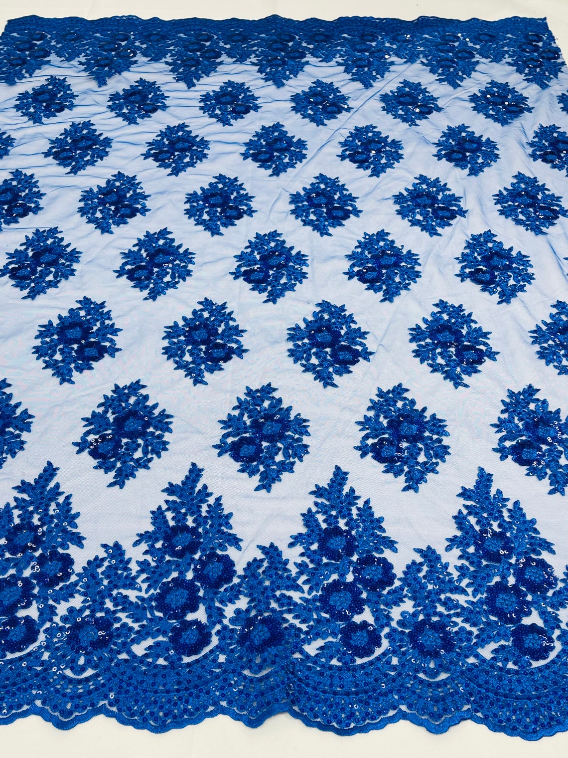 Floral Lace Fabric - Royal Blue - Flower Cluster Embroidery Design With Sequins on a Mesh