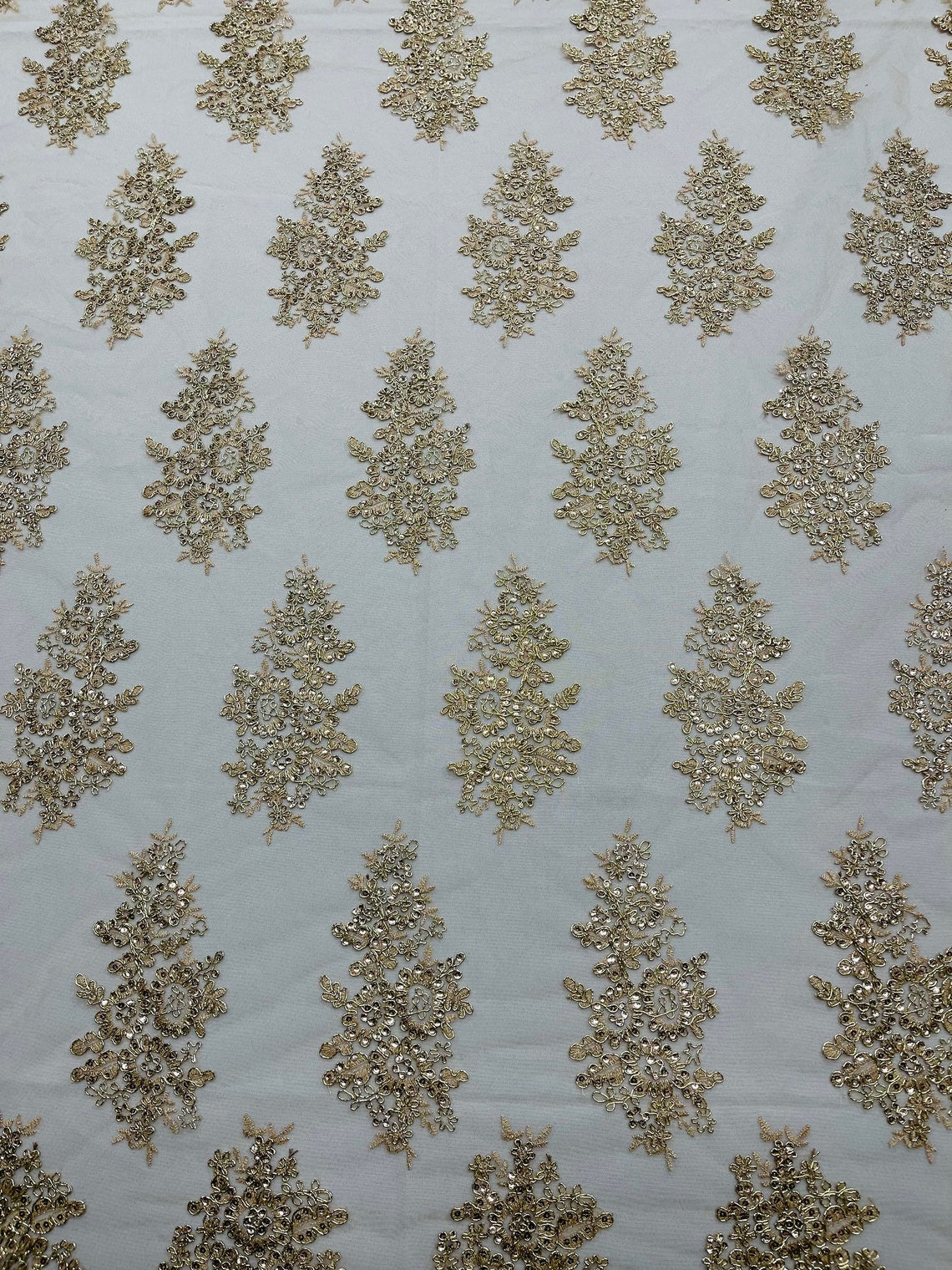 Flower Lace Fabric - Metallic Gold / Nude - Fancy Embroidery Design With Sequins on a Mesh