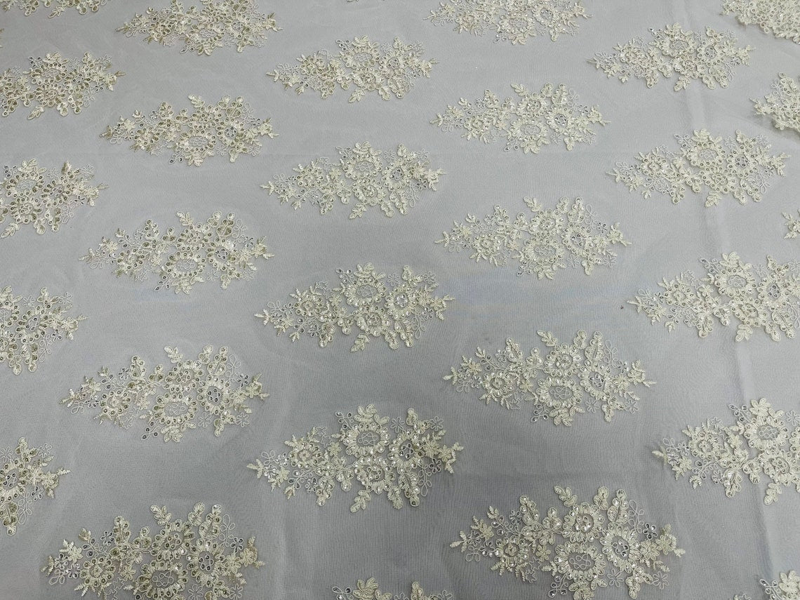Flower Lace Fabric - Ivory - Fancy Embroidery Design With Sequins on a Mesh