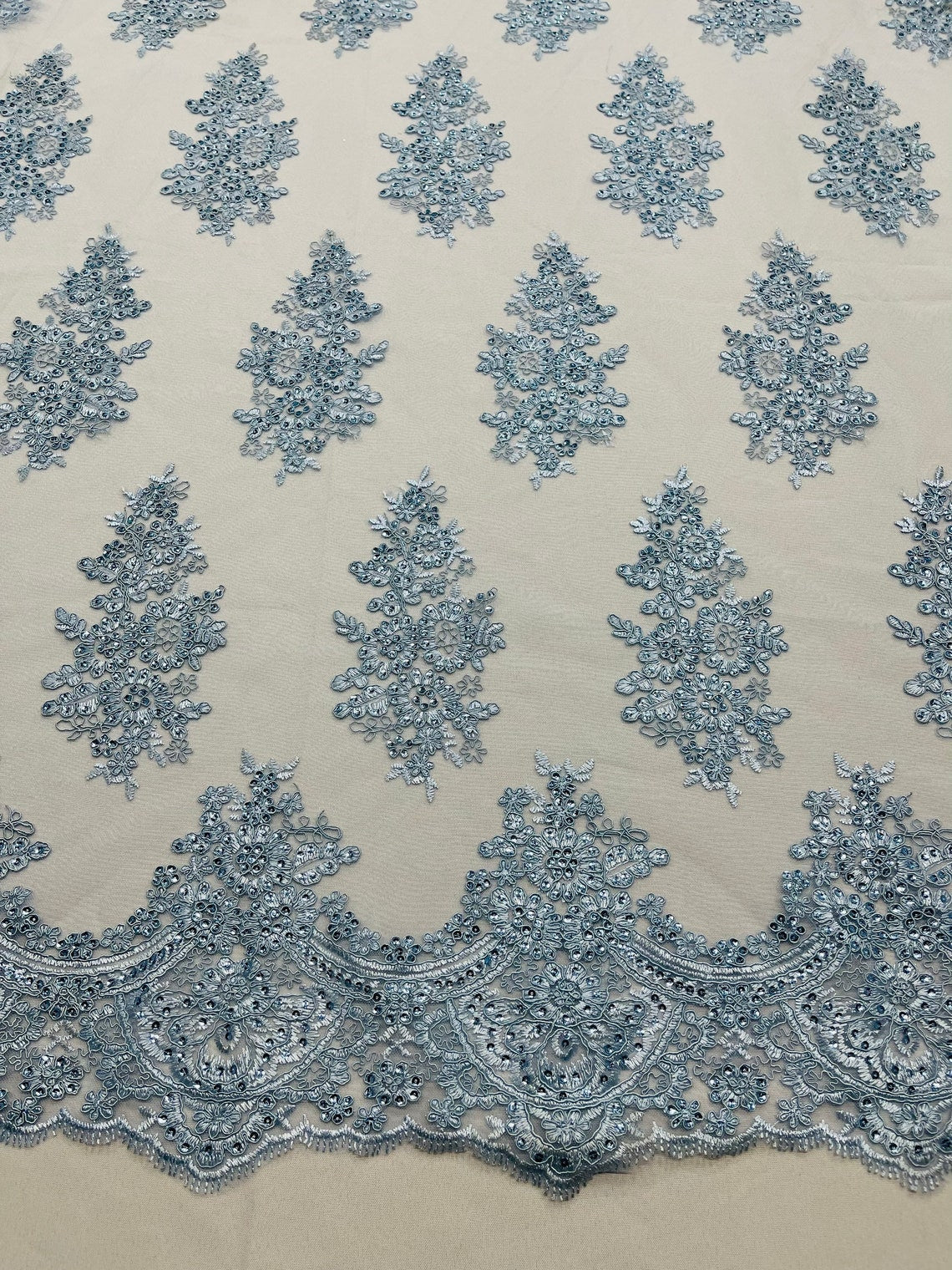 Flower Lace Fabric - Baby Blue - Fancy Embroidery Design With Sequins on a Mesh