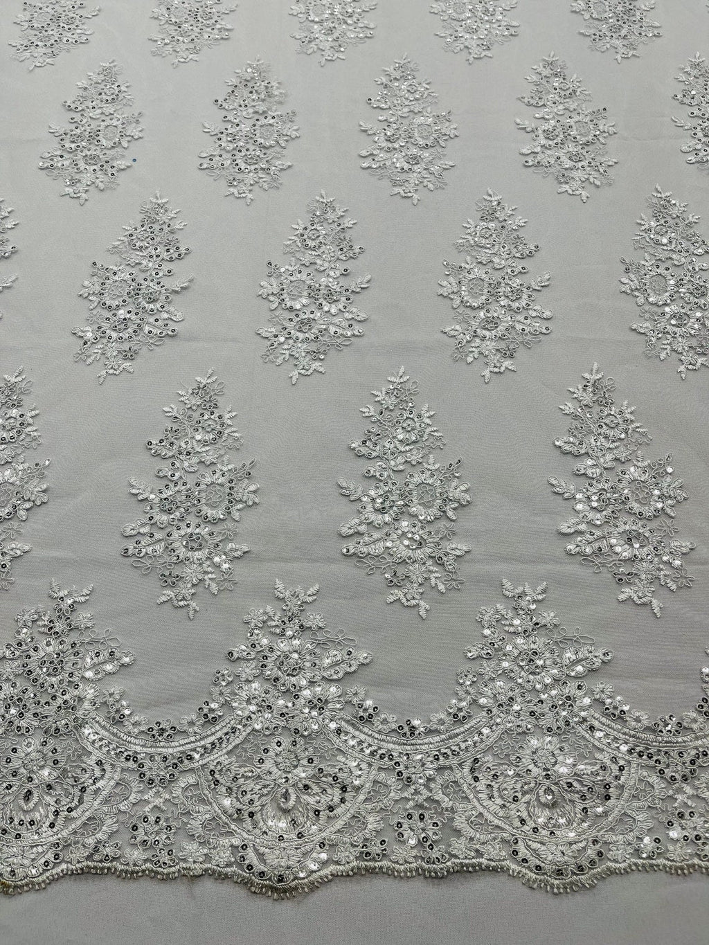 Flower Lace Fabric - White Silver - Fancy Embroidery Design With Sequins on a Mesh