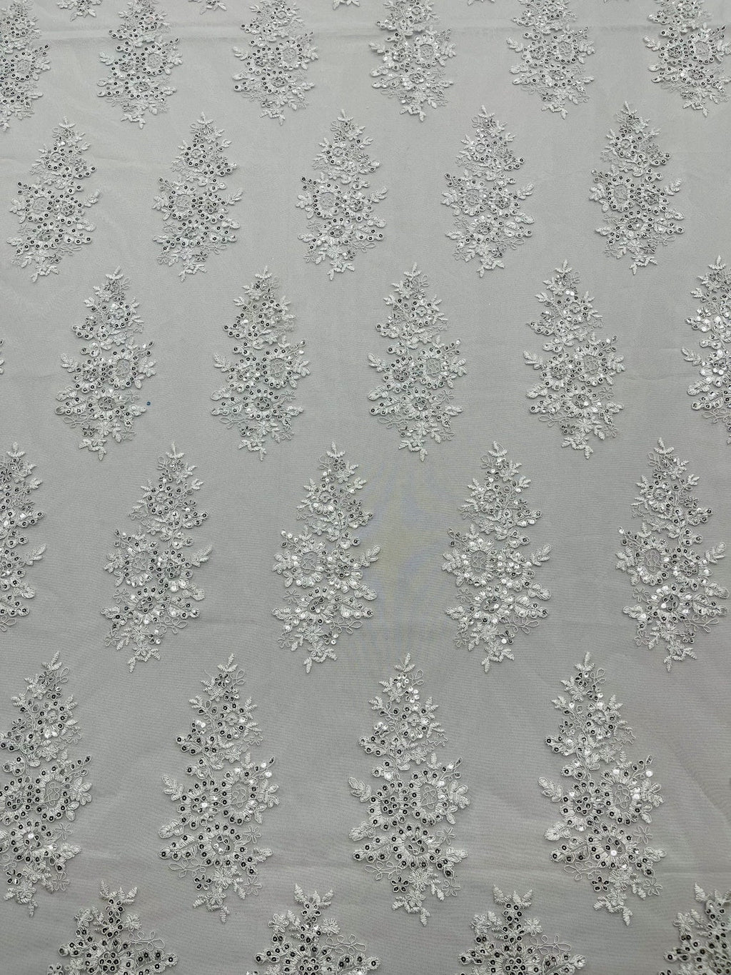 Flower Lace Fabric - White Silver - Fancy Embroidery Design With Sequins on a Mesh