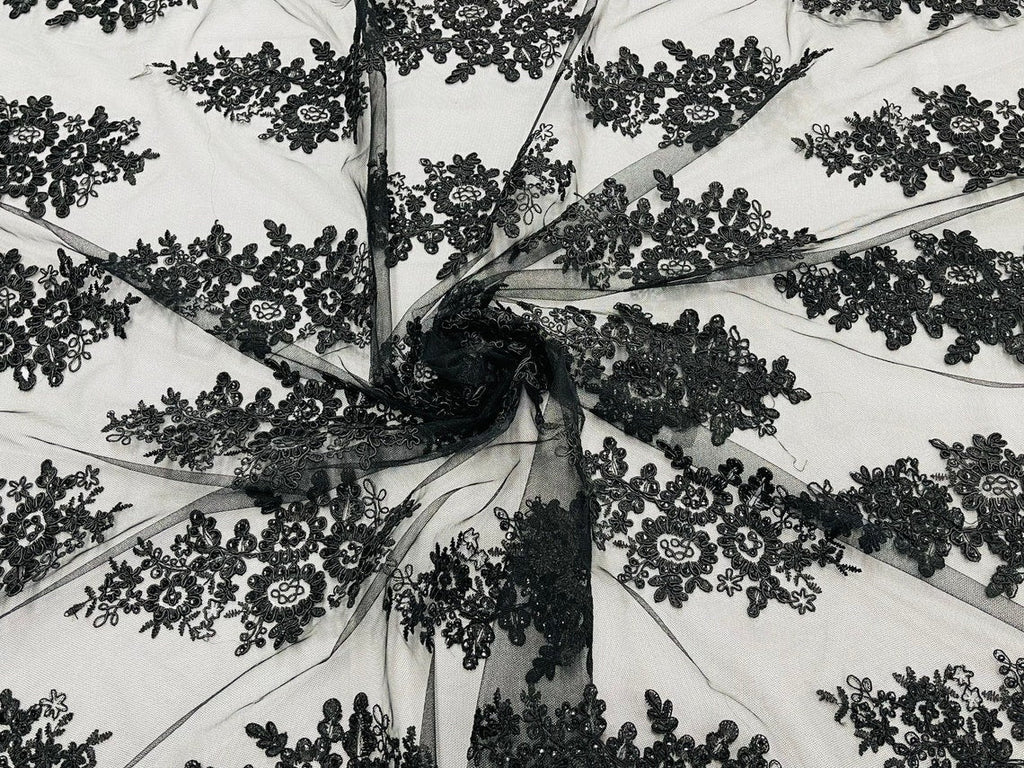 Flower Lace Fabric - Black - Fancy Embroidery Design With Sequins on a Mesh