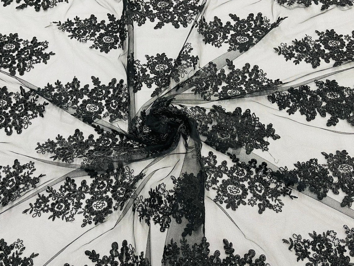 Flower Lace Fabric - Black - Fancy Embroidery Design With Sequins on a Mesh