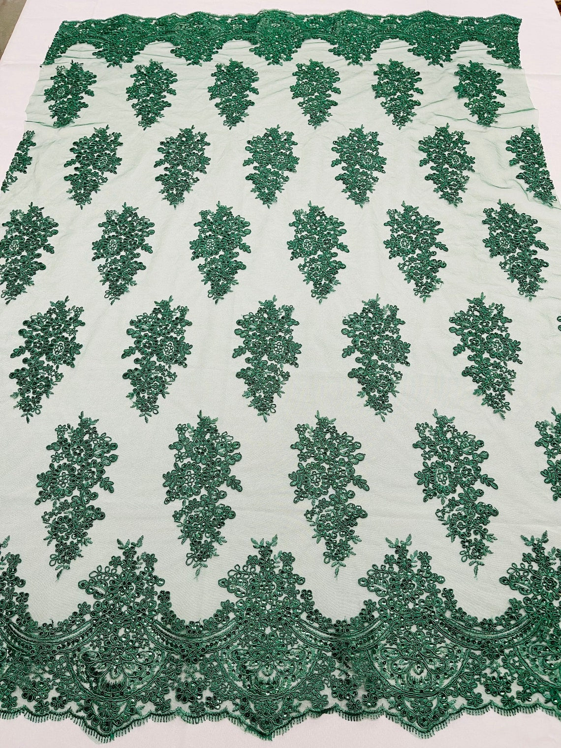 Flower Lace Fabric - Hunter Green - Fancy Embroidery Design With Sequins on a Mesh