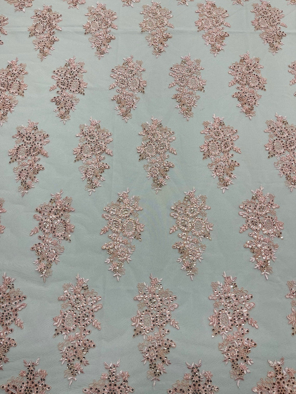 Flower Lace Fabric - Pink - Fancy Embroidery Design With Sequins on a Mesh