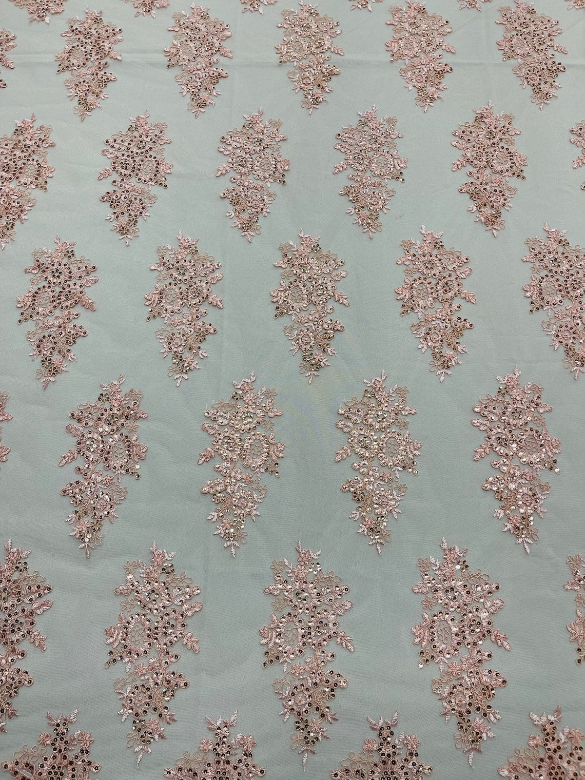 Flower Lace Fabric - Pink - Fancy Embroidery Design With Sequins on a Mesh