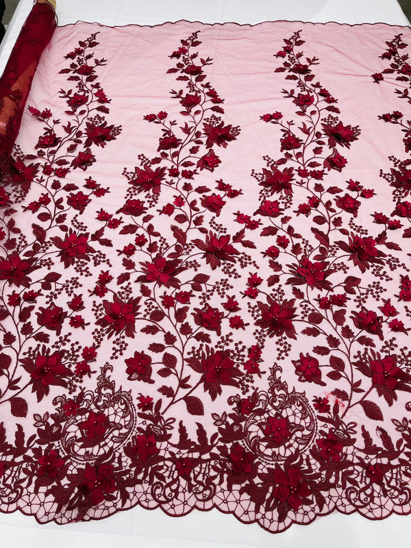 Flower 3D Fabric - Burgundy - Embroided Fabric Flower Pearls and Leaf Decor Sold by The Yard