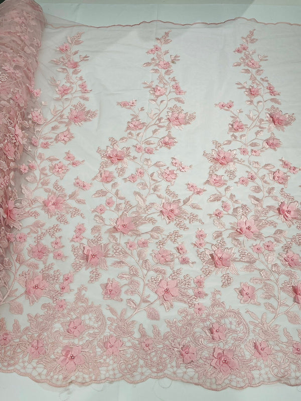 Flower 3D Fabric - Pink - Embroided Fabric Flower Pearls and Leaf Decor Sold by The Yard
