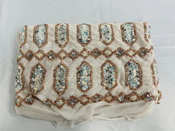 Geometric Stretch Sequin - Multi-Color Gold - Fancy Gem Design on Mesh By Yard
