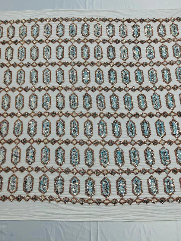 Geometric Stretch Sequin - Multi-Color Gold - Fancy Gem Design on Mesh By Yard