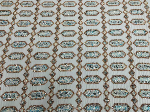 Geometric Stretch Sequin - Multi-Color Gold - Fancy Gem Design on Mesh By Yard