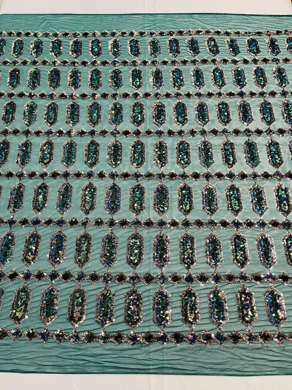 Geometric Stretch Sequin - Hunter Green - Fancy Gem Design on Mesh By Yard