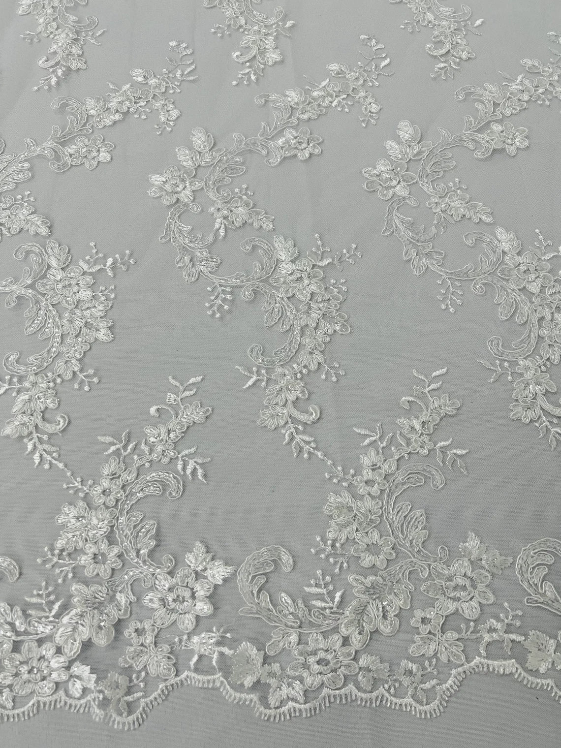 Floral Lace Fabric - White - Embroidered Flower Clusters with Sequins on a Mesh Lace By Yard