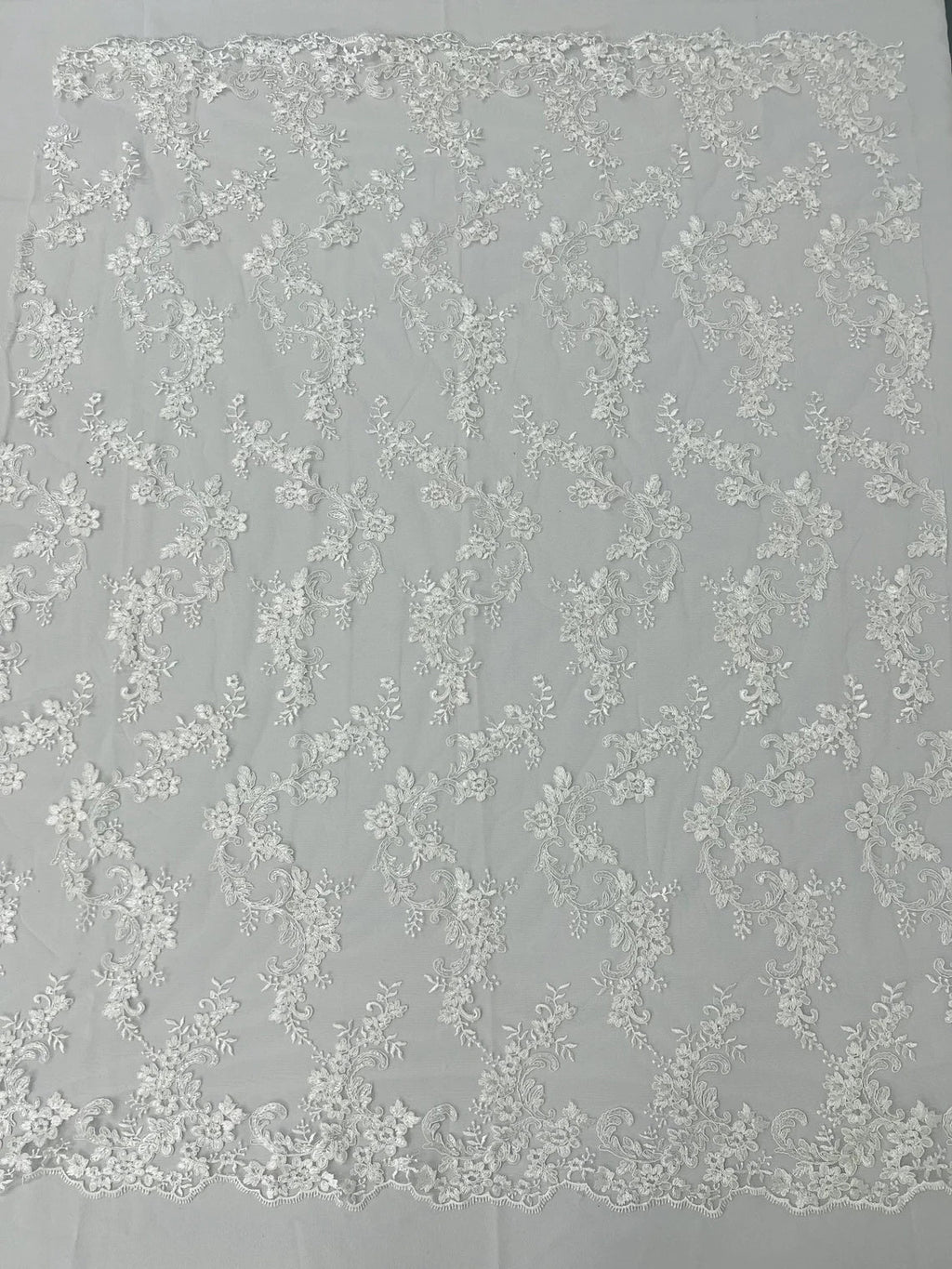 Floral Lace Fabric - White - Embroidered Flower Clusters with Sequins on a Mesh Lace By Yard