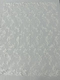 Floral Lace Fabric - White - Embroidered Flower Clusters with Sequins on a Mesh Lace By Yard