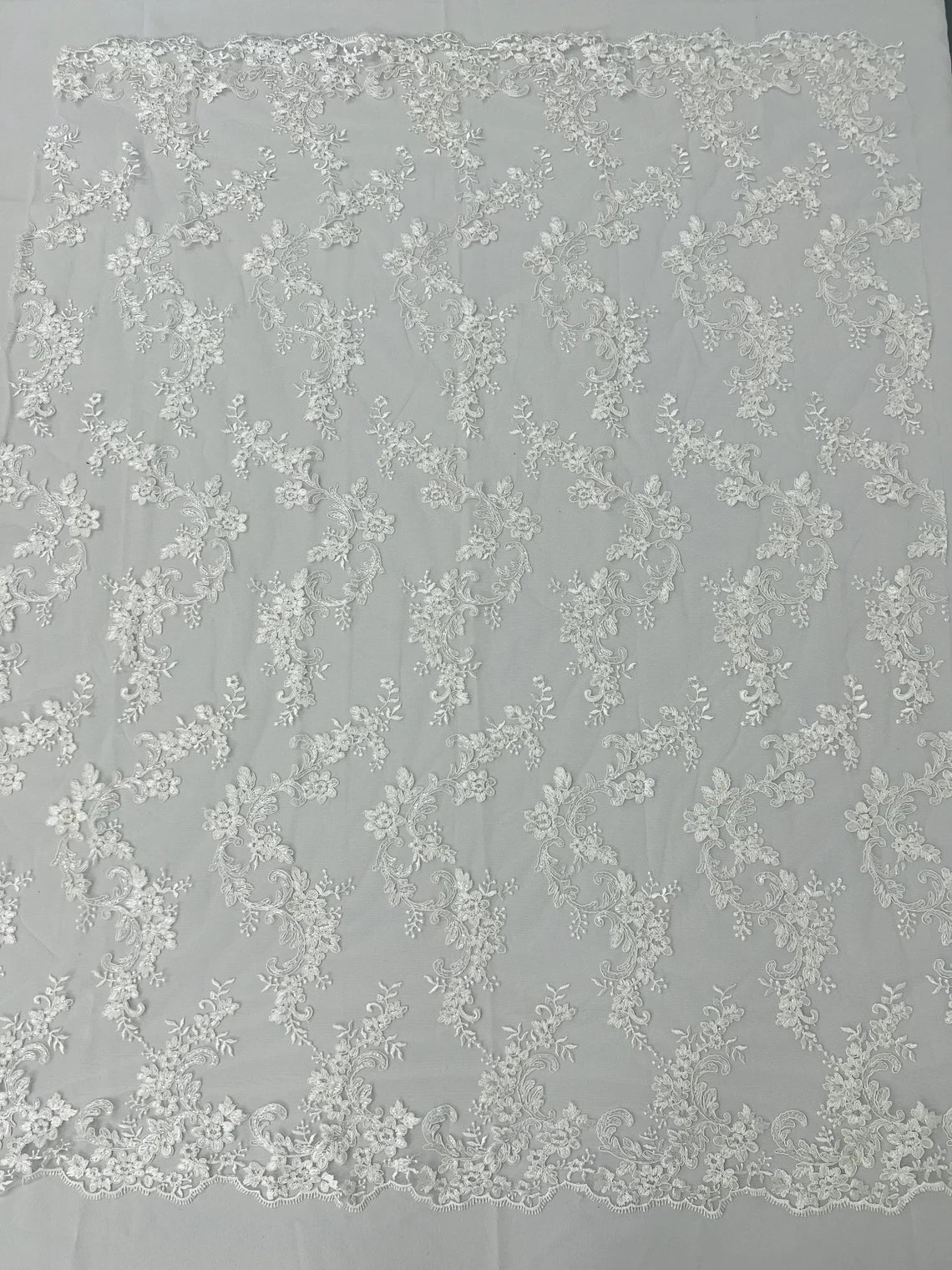 Floral Lace Fabric - White - Embroidered Flower Clusters with Sequins on a Mesh Lace By Yard