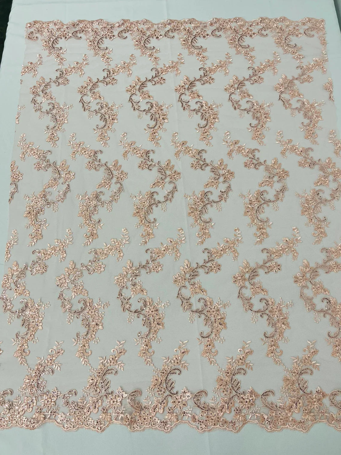 Floral Lace Fabric - Flowers Embroidery Sequins Mesh Design Fabric - 25 Yard Roll