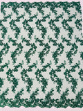 Floral Lace Fabric - Hunter Green - Embroidered Flower Clusters with Sequins on a Mesh Lace By Yard