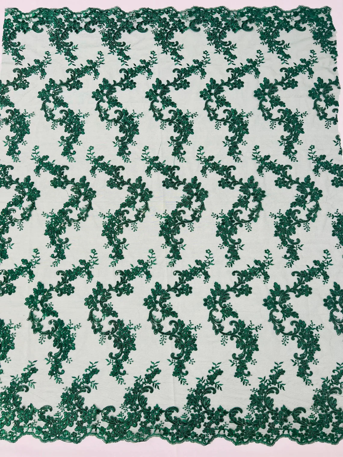 Floral Lace Fabric - Hunter Green - Embroidered Flower Clusters with Sequins on a Mesh Lace By Yard