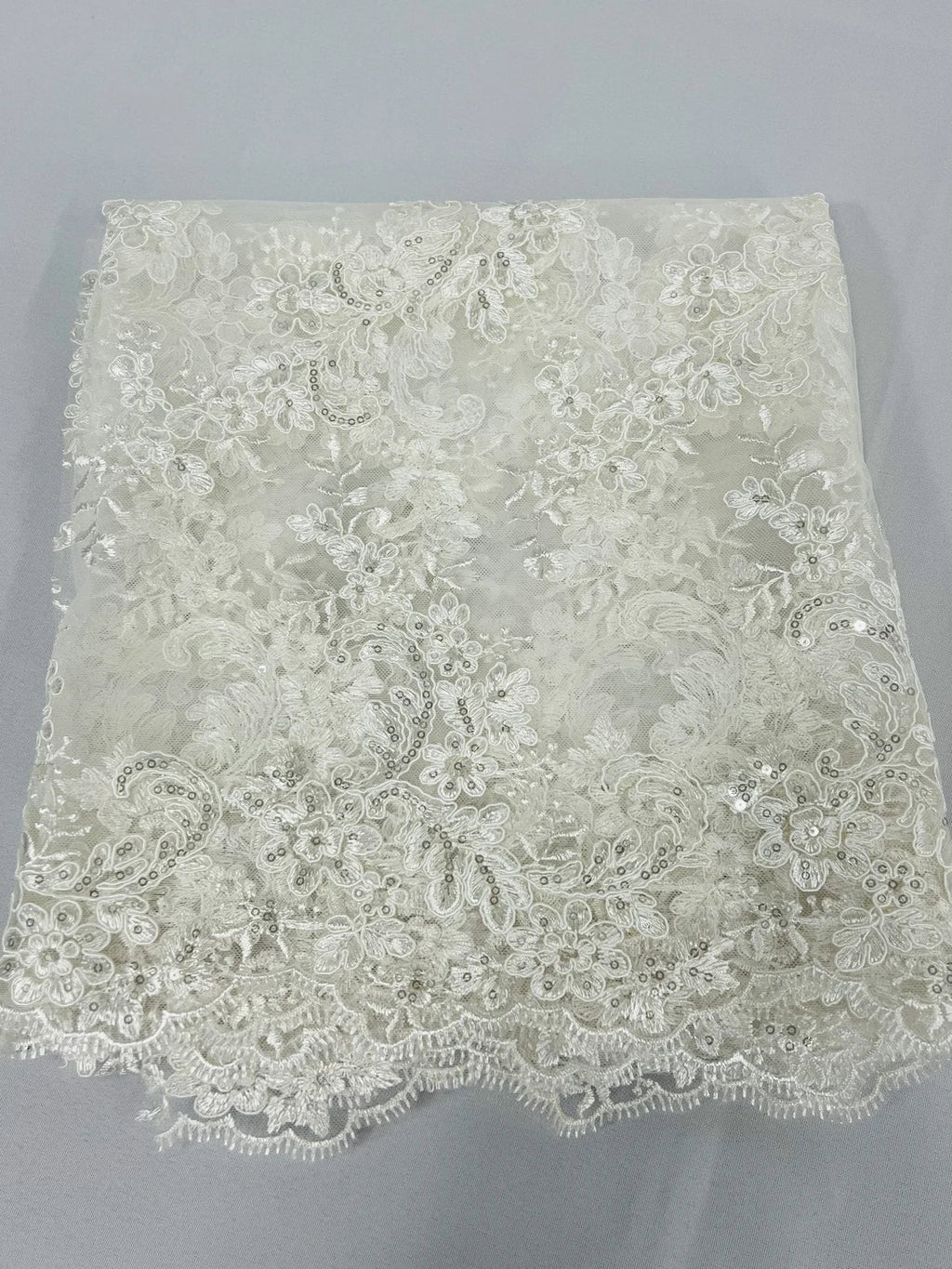 Floral Lace Fabric - Ivory - Embroidered Flower Clusters with Sequins on a Mesh Lace By Yard