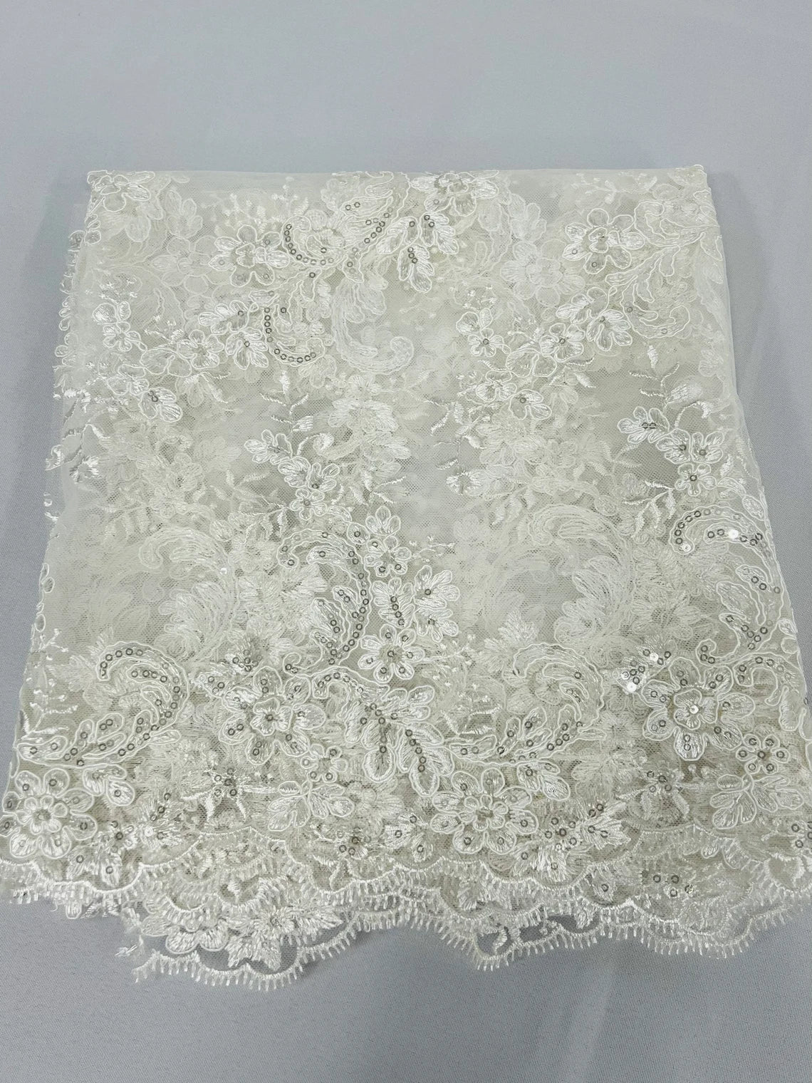 Floral Lace Fabric - Ivory - Embroidered Flower Clusters with Sequins on a Mesh Lace By Yard
