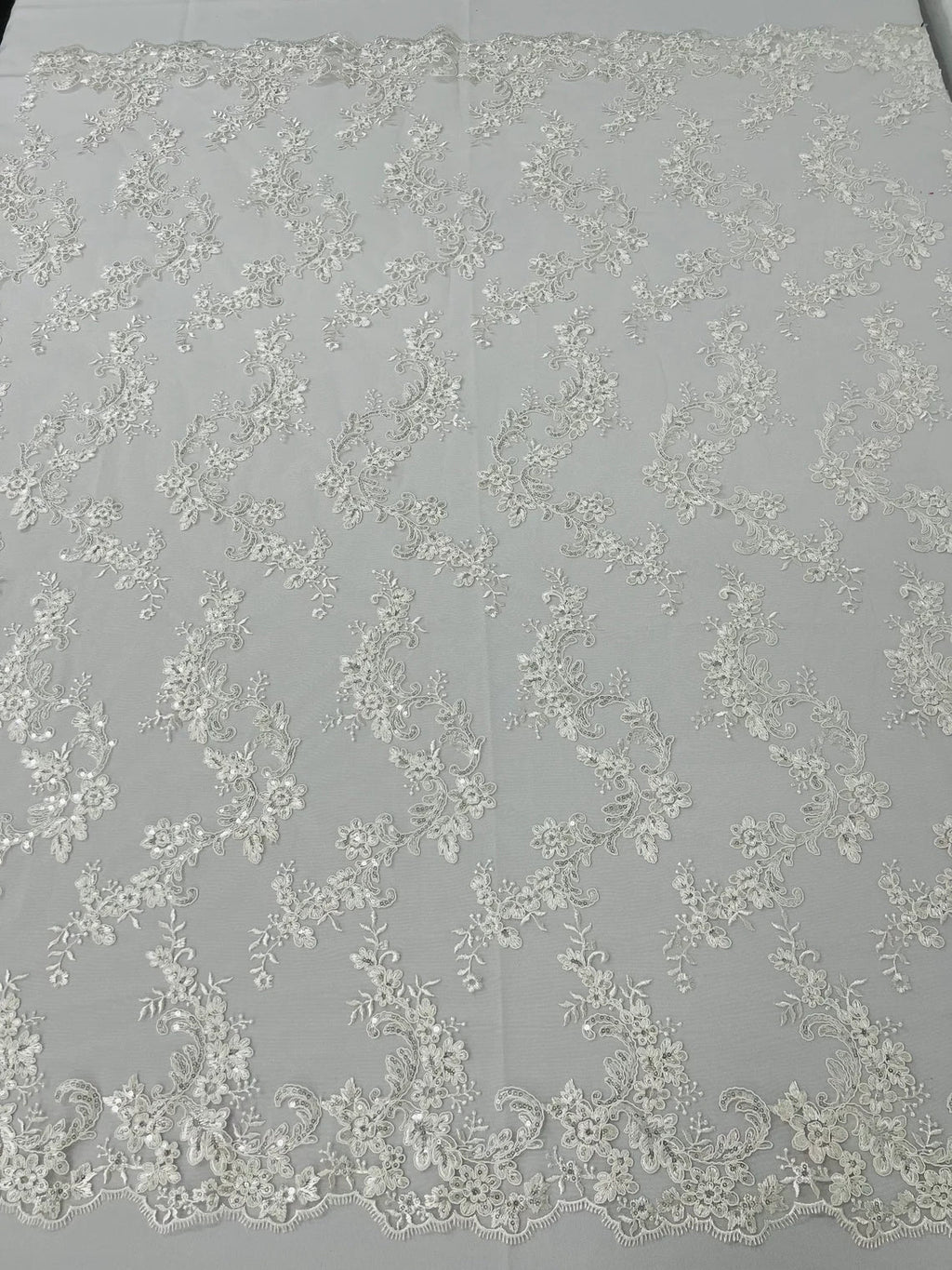 Floral Lace Fabric - Ivory - Embroidered Flower Clusters with Sequins on a Mesh Lace By Yard