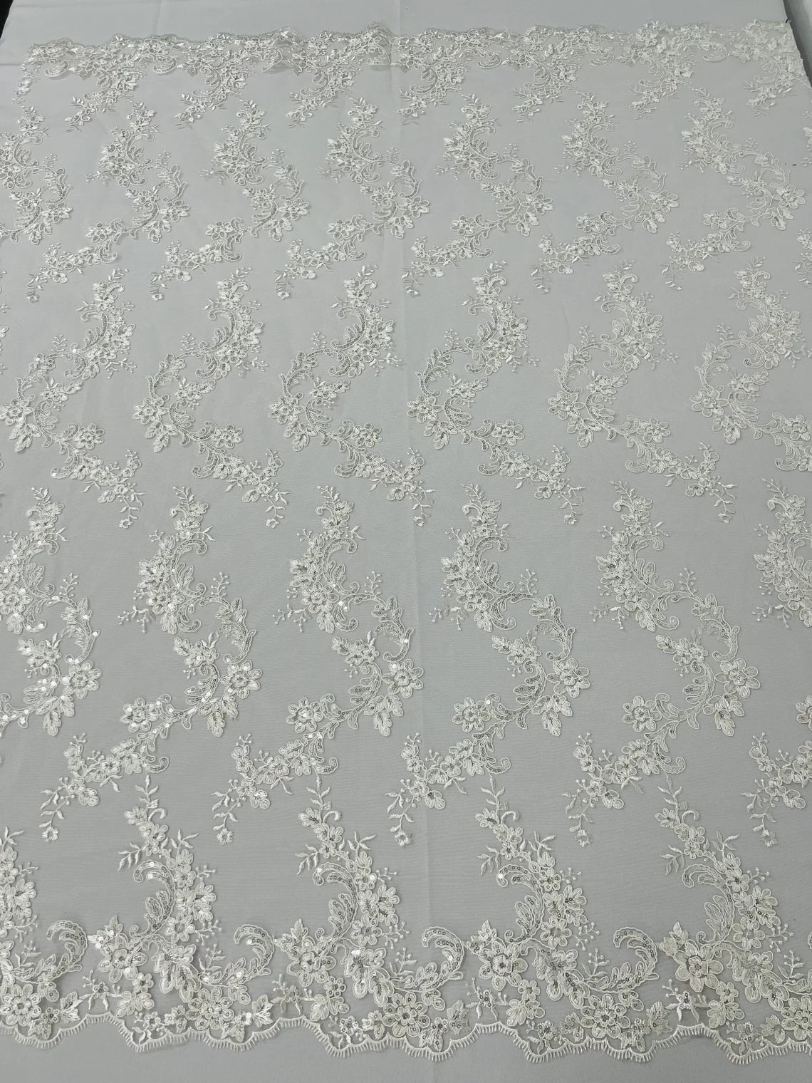 Floral Lace Fabric - Ivory - Embroidered Flower Clusters with Sequins on a Mesh Lace By Yard