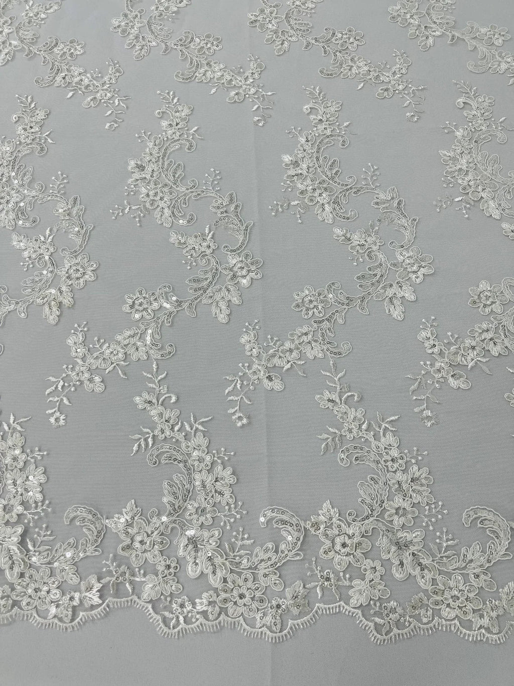 Floral Lace Fabric - Ivory - Embroidered Flower Clusters with Sequins on a Mesh Lace By Yard