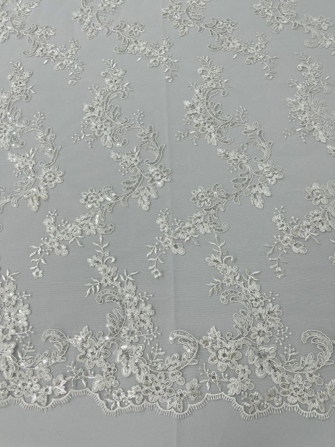 Floral Lace Fabric - Ivory - Embroidered Flower Clusters with Sequins on a Mesh Lace By Yard