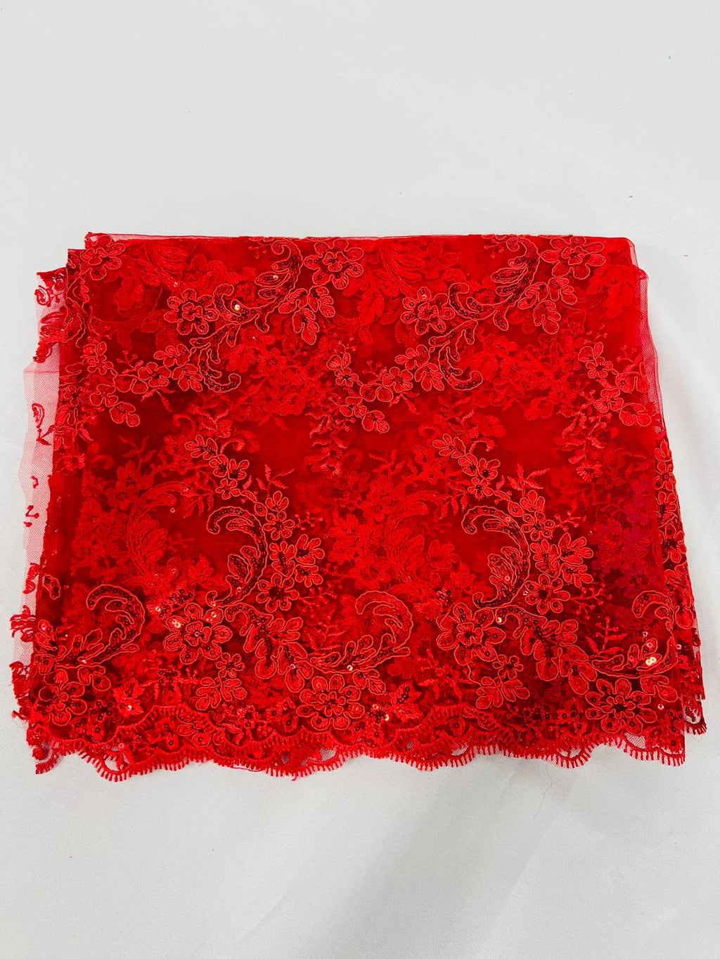 Floral Lace Fabric - Red - Embroidered Flower Clusters with Sequins on a Mesh Lace By Yard