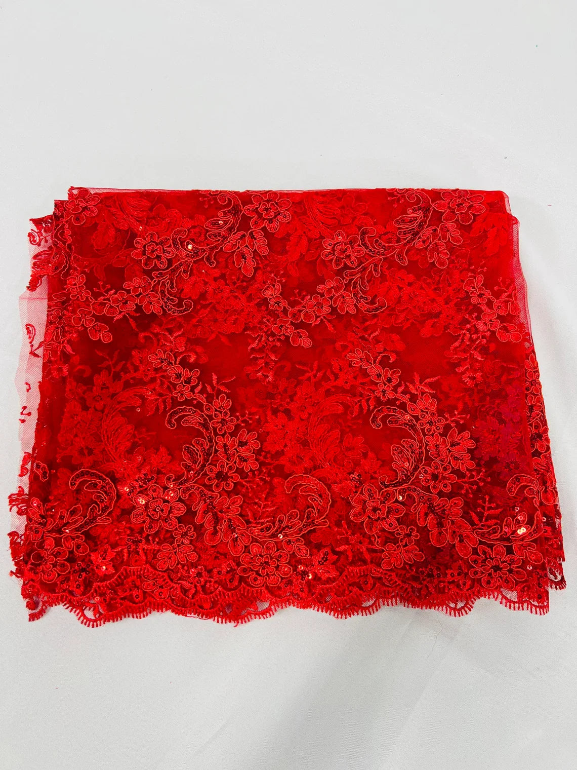 Floral Lace Fabric - Red - Embroidered Flower Clusters with Sequins on a Mesh Lace By Yard
