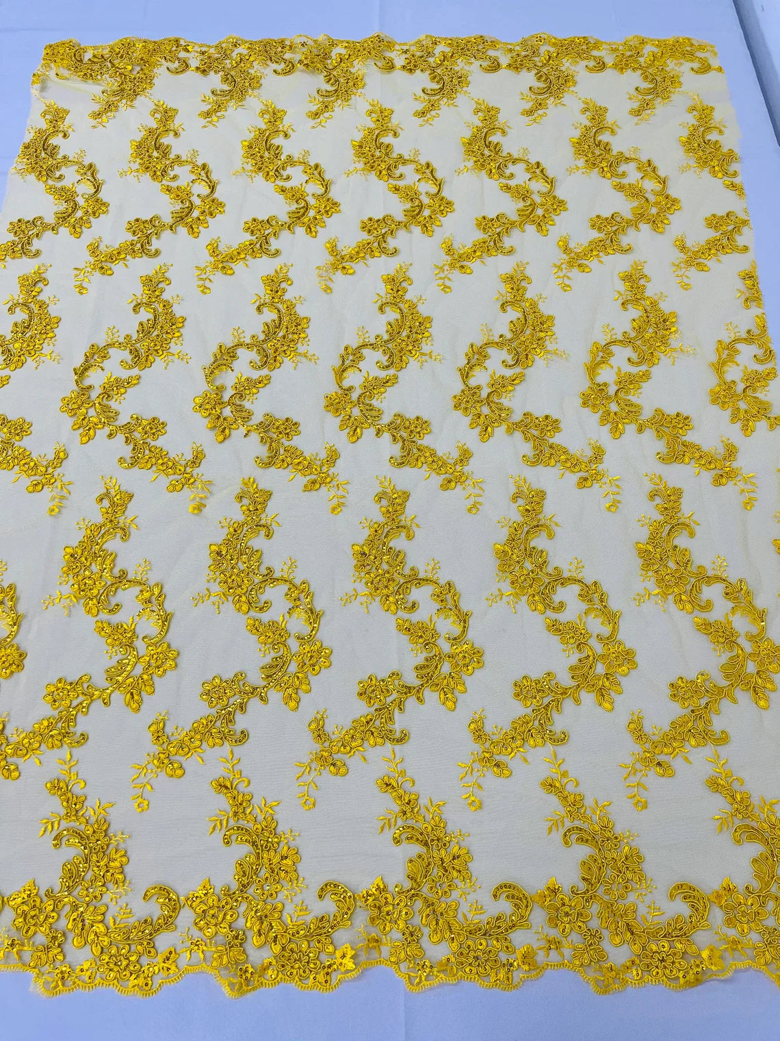 Floral Lace Fabric - Yellow - Embroidered Flower Clusters with Sequins on a Mesh Lace By Yard