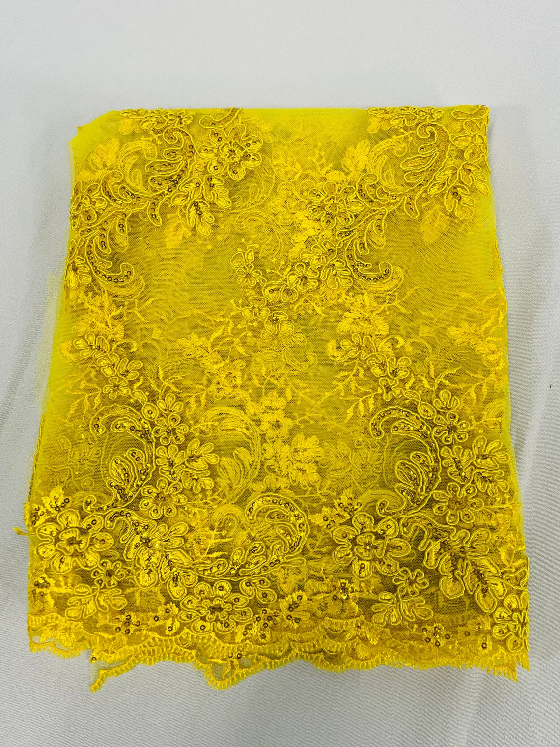 Floral Lace Fabric - Yellow - Embroidered Flower Clusters with Sequins on a Mesh Lace By Yard