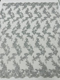 Floral Lace Fabric - Silver - Embroidered Flower Clusters with Sequins on a Mesh Lace By Yard