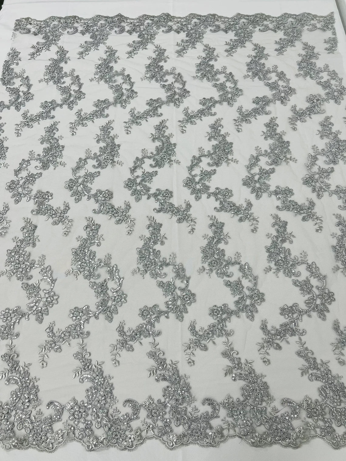 Floral Lace Fabric - Silver - Embroidered Flower Clusters with Sequins on a Mesh Lace By Yard