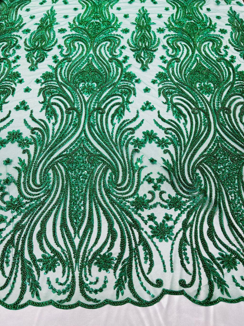 Luxury Bead Design - Emerald Green - Floral Fabric Embroidered w/ Pearls-Beads on Mesh Lace By Yard