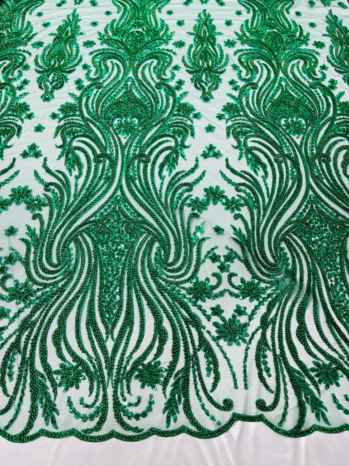 Luxury Bead Design - Emerald Green - Floral Fabric Embroidered w/ Pearls-Beads on Mesh Lace By Yard