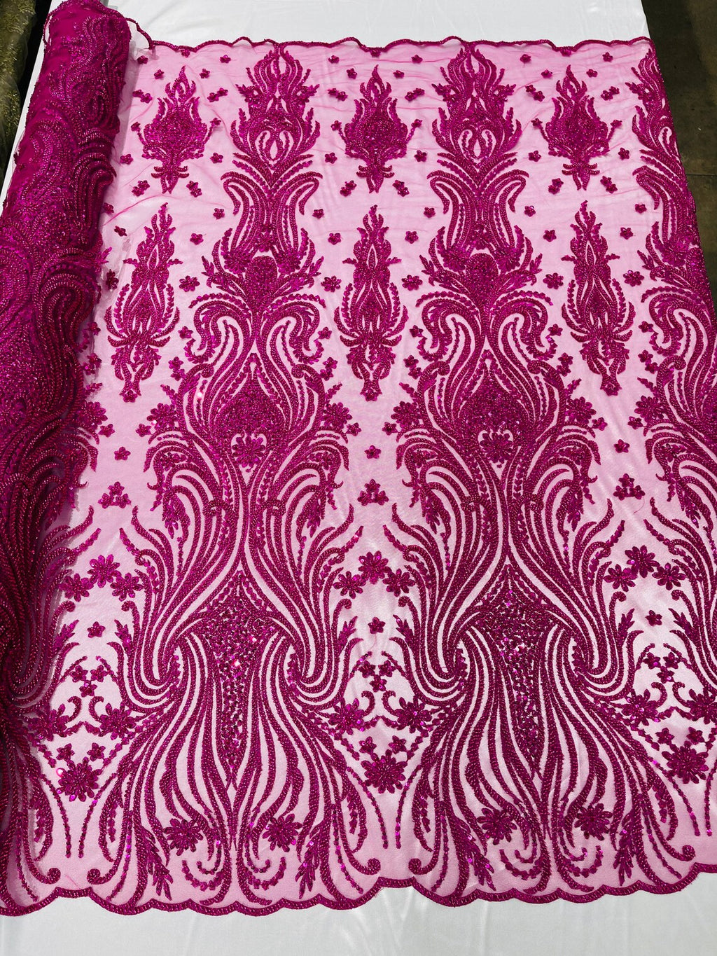 Luxury Bead Design - Magenta - Floral Fabric Embroidered w/ Pearls-Beads on Mesh Lace By Yard
